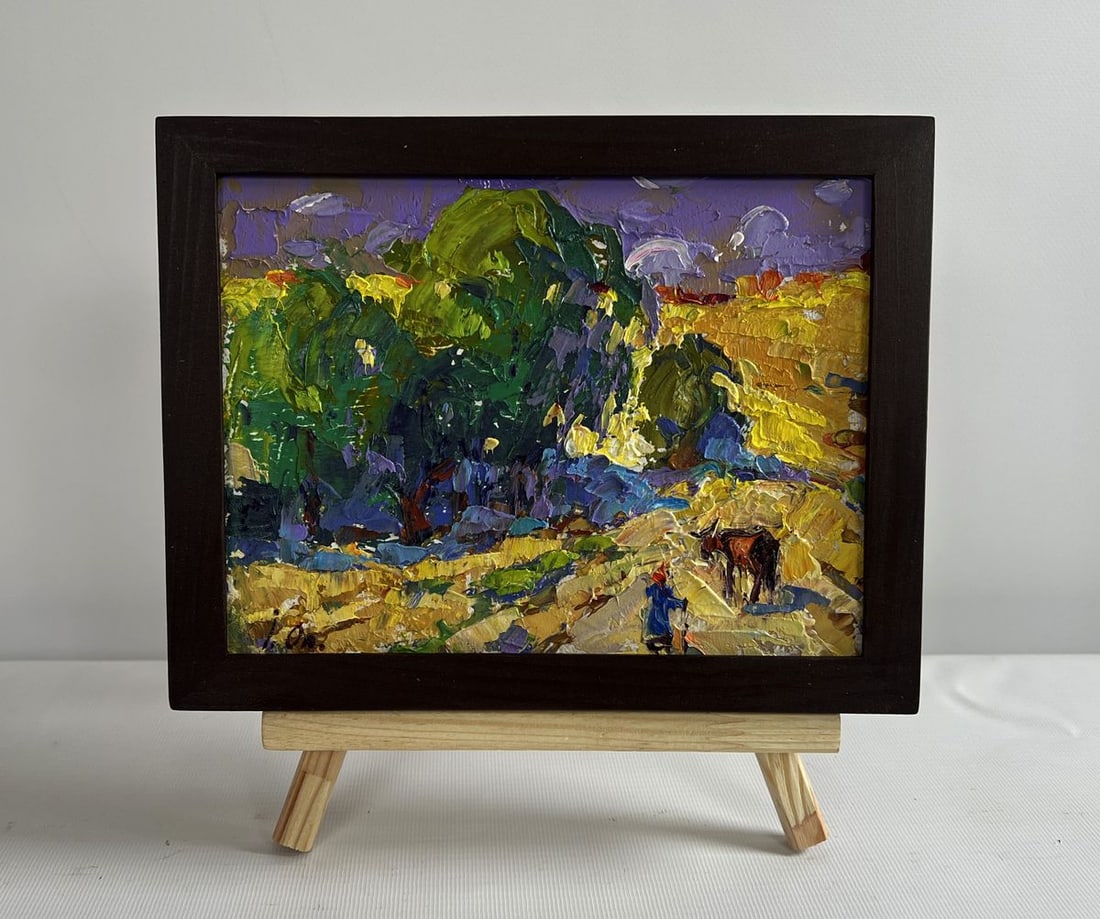 Oil painting Walking a cow in a field Alex Kalenyuk: Title: Oil painting Walking a cow in a field Alex Kalenyuk Description: No.AAA4515 The painting "Walking a Cow in a Field" masterfully captures the essence of rural life, where nature and human presen