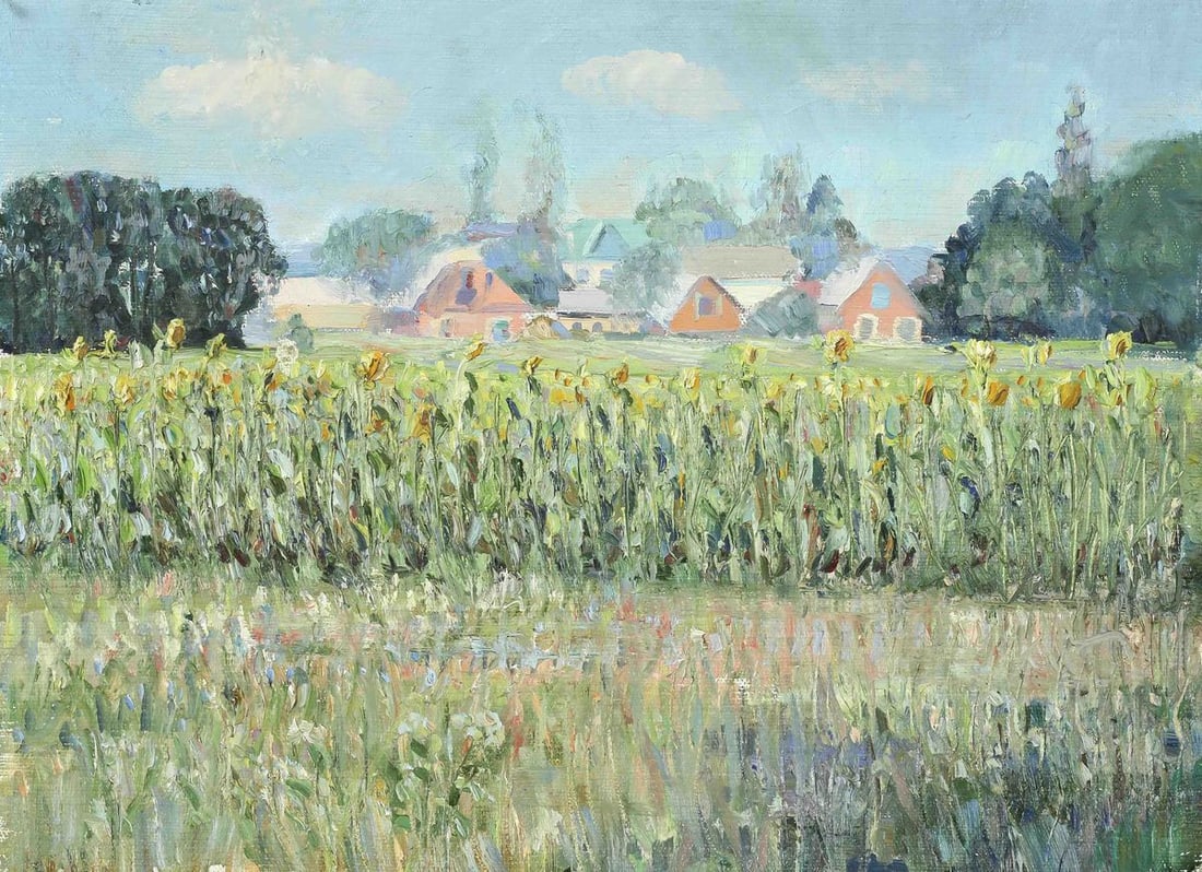 House in the fields oil painting: Title: House in the fields oil painting Description: No.7 * TITLE: "House in the fields" * SIZE: 35x47cm/'13,77x18,50 inches' * MEDIUM: oil, cardboard * HAND PAINTED: Original painting from our collec