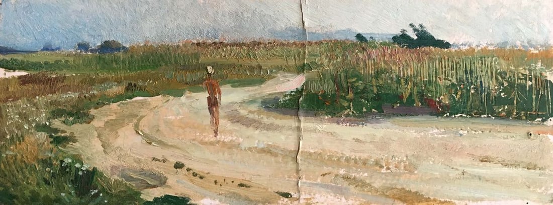Oil painting Man walks across the field: Title: Oil painting Man walks across the field Description: No.Verns 2 *** ABOUT THIS PAINTING *** * TITLE: "Man walks across the field" * ARTISTS: Unknown artist * SIZE: 19x50 cm/'7.48x19.68 inches' 