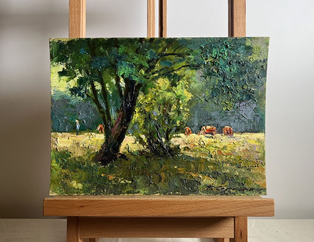 Oil painting Walking the cows Boris Serdyuk: Title: Oil painting Walking the cows Boris Serdyuk Description: No.AAA3771 This oil painting cardboard, titled "Walking the cows", the composition is carefully structured, leading the viewer’s eye t