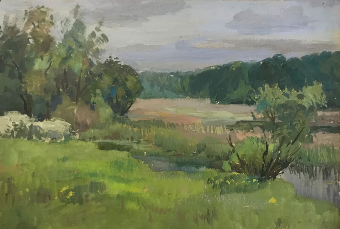 Tempera painting Spring landscape Wihyrovskii Victor: Title: Tempera painting Spring landscape Wihyrovskii Victor Description: No.AAA2166 Looking for a beautiful and serene painting to brighten up any room? Look no further than "Spring Landscape"! This p