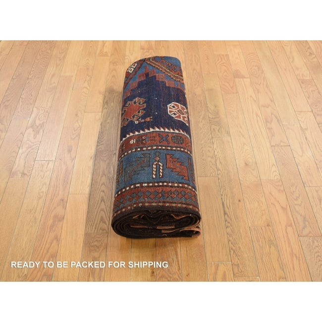 Blue Antique Caucasian Kazak, 100% Wool Hand Knotted, Runner Rug - 6