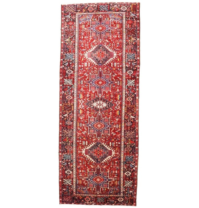 Vintage Red Tribal 5X13 Karajeh Persian Runner Rug: Title: Vintage Red Tribal 5X13 Karajeh Persian Runner Rug Description:Handmade vintage 5X13 red Persian runner made with natural dyes (fine wool pile and cotton foundation), superior knot count, and a