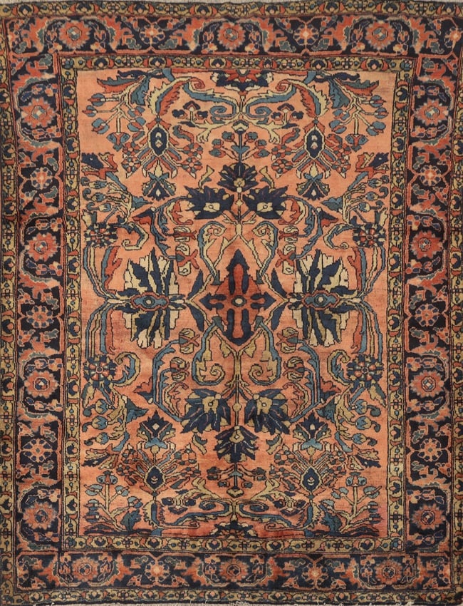 Antique Vegetable Dye Salmon Pink Lilian Persian Rug 5x6: Title:Antique Vegetable Dye Salmon Pink Lilian Persian Rug 5x6 Description:A Beautiful Genuine Iran ( Persia ) Lilian rug is Hand Knotted by skillful weavers in Iran ( Persia ) with