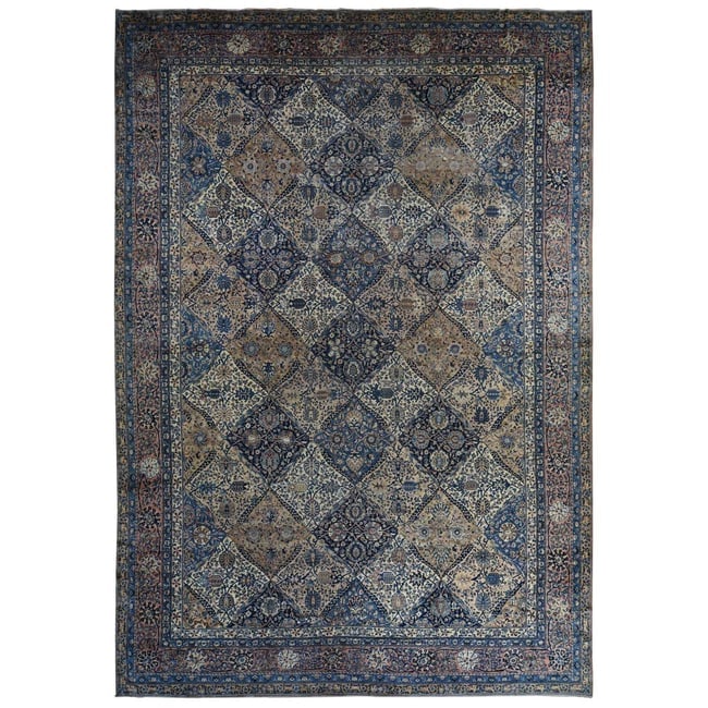 Ivory with Blue Antique Persian Kerman Soft Wool Hand Knotted Rug: Title: Ivory with Blue Antique Persian Kerman Soft Wool Hand Knotted Rug Description:This is a truly genuine one-of-a-kind. It has been Knotted for months and months in the centuries-old weaving craft