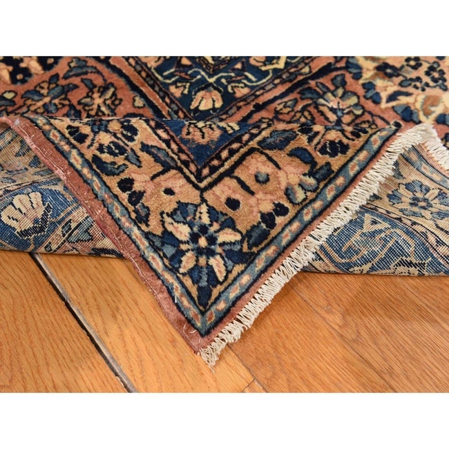 Ivory with Blue Antique Persian Kerman Soft Wool Hand Knotted Rug - 5