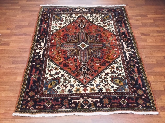 Semi Antique Persian Heriz-4225: Title:Semi Antique Persian Heriz-4225 Description:Beautiful semi antique Persian Heriz from northwest Persia, Circa 1960. Size: 5' by 6'4", excellent condition with a high pile throughout, complete ru