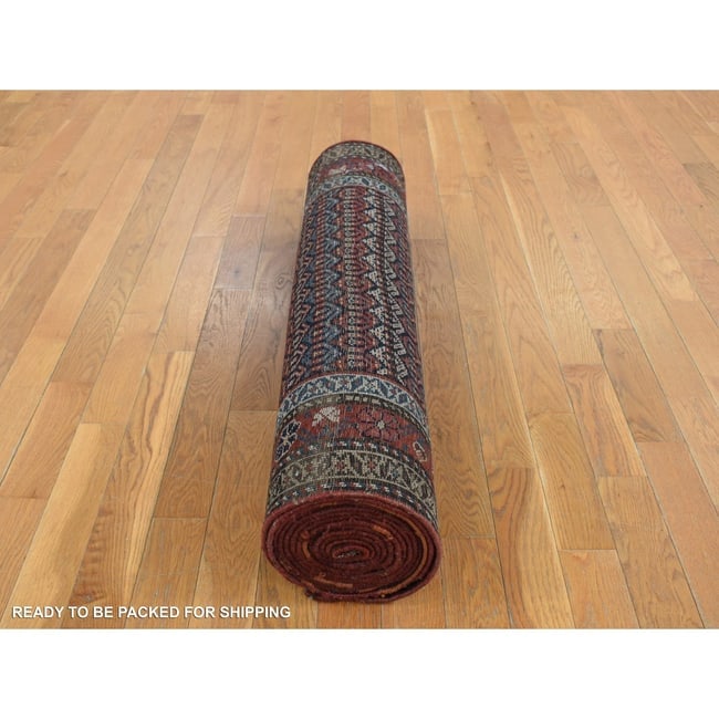 Blue, Antique Kurdish Bijar, Pure Wool Hand Knotted Wide Runner Rug - 6