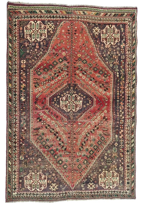 Antique Muted Tribal 5'4X7'7 Distressed Vintage Oriental Rug: Title: Antique Muted Tribal 5'4X7'7 Distressed Vintage Oriental Rug Description:Handmade 5'4X7'7 red oriental rug made with natural dyes (fine wool pile and cotton foundation), superior knot count, an