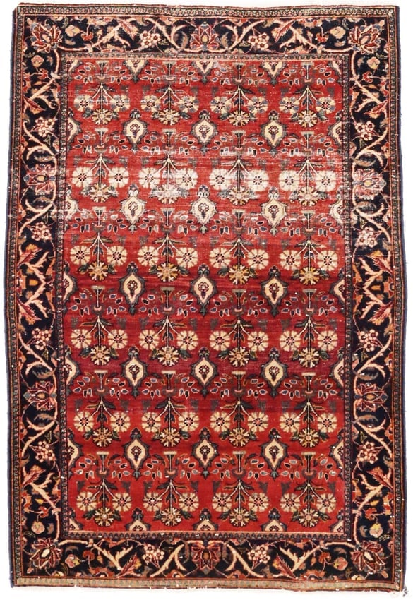 Semi Antique Red Floral 4'6X6'7 Mahal Persian Rug: Title: Semi Antique Red Floral 4'6X6'7 Mahal Persian Rug Description:Handmade semi antique 4'6X6'7 red Persian rug made with vegetable dyes (fine wool pile and cotton foundation), exceptional knot cou