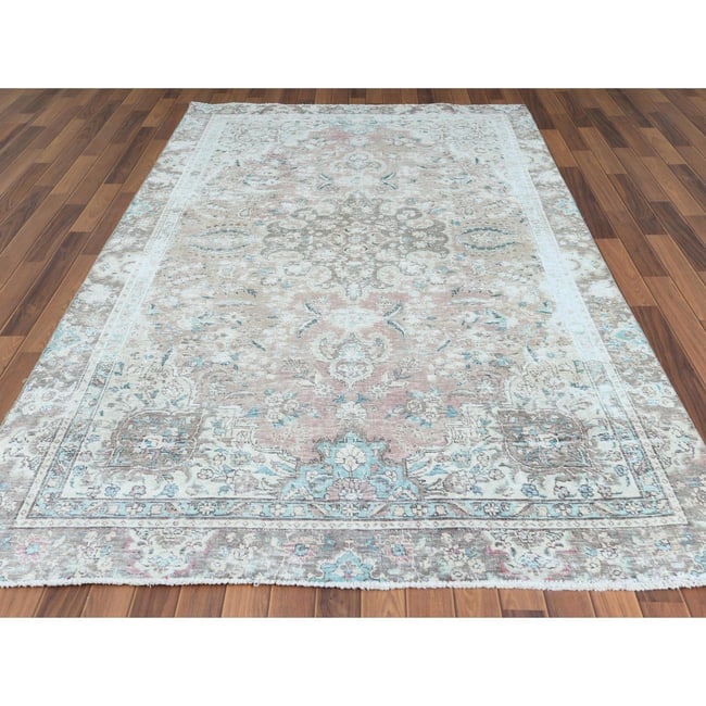 Red Clean Pure Wool Bohemian Worn Down Vintage Look Persian Tabriz Rug - 3