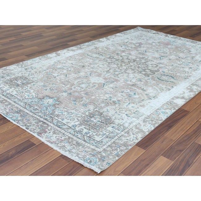 Red Clean Pure Wool Bohemian Worn Down Vintage Look Persian Tabriz Rug - 4