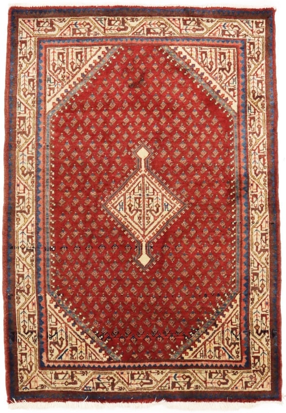 Vintage Tribal Red 3'6X5 Botemir Persian Rug: Title: Vintage Tribal Red 3'6X5 Botemir Persian Rug Description:Hand Knotted vintage 3'6X5 red Persian rug made with vegetable dyes (fine wool pile and cotton foundation), superior knot count, and app