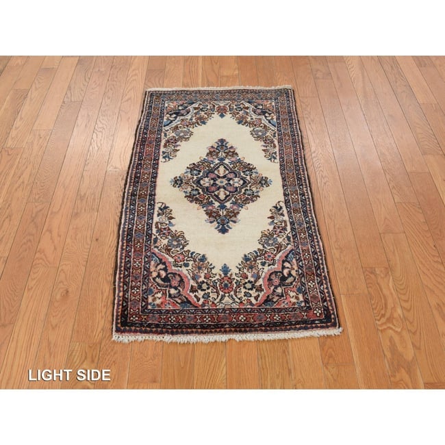 Ivory Antique Sarouk Mat Hand Knotted Wool Open Field Medallion Rug - 2