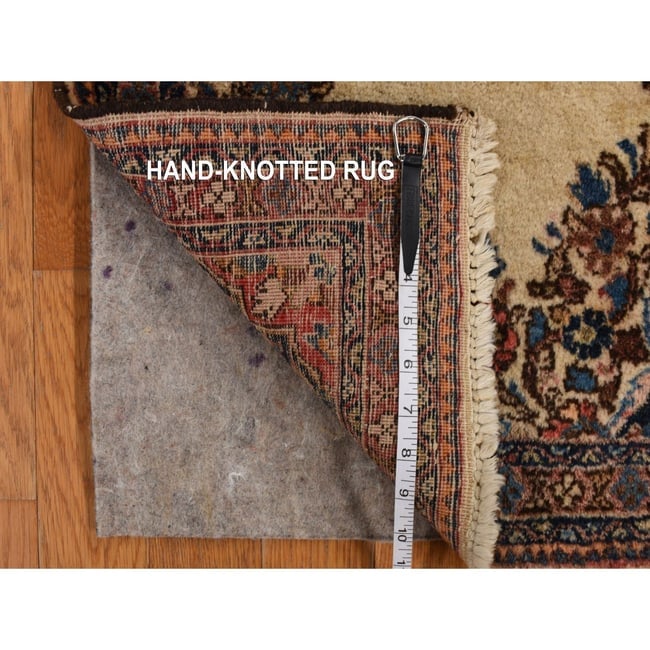Ivory Antique Sarouk Mat Hand Knotted Wool Open Field Medallion Rug - 6