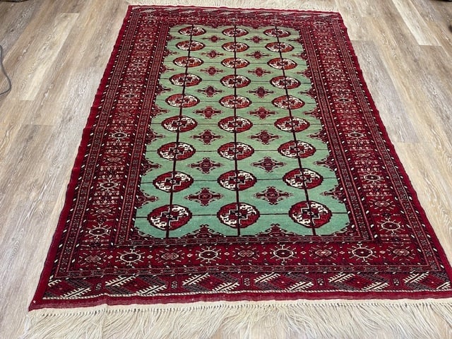 Vintage Persian TUrkoman Rug-5332: Title:Vintage Persian TUrkoman Rug-5332 Description:Beautiful Vintage persian Turkoman Rug from north of Persian , size 5 ft by 6 ft. 9 inches, circa 1970 , in excellent condition on Green field,
