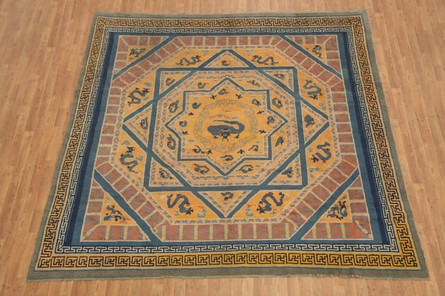 Antique Square Art Deco Chinese Wool Area Rug 9'x9' - 4