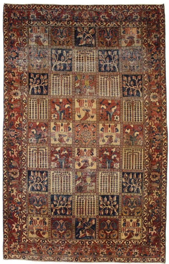 Antique Distressed Muted Tribal 7X11 Bakhtiari Persian Rug: Title: Antique Distressed Muted Tribal 7X11 Bakhtiari Persian Rug Description:Handmade antique 7X11 red Persian rug made with vegetable dyes (fine wool pile and cotton foundation), superior knot count