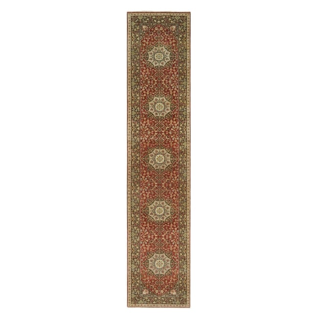 Upsdell Red Hand Knotted Wool Antiqued Haji Design Runner Rug: Title: Upsdell Red Hand Knotted Wool Antiqued Haji Design Runner Rug Description:This is a truly genuine one-of-a-kind. It has been Knotted for months and months in the centuries-old weaving craftsman