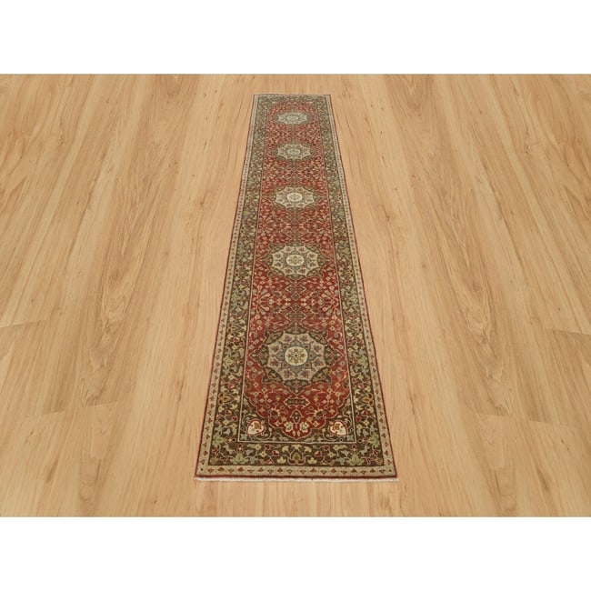 Upsdell Red Hand Knotted Wool Antiqued Haji Design Runner Rug - 2