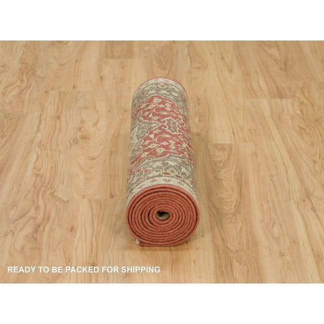 Upsdell Red Hand Knotted Wool Antiqued Haji Design Runner Rug - 6