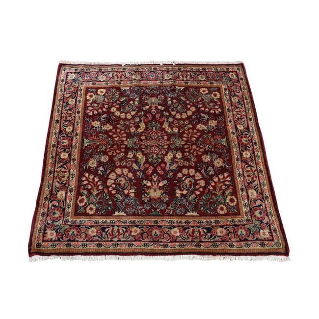 Wine Red Antique Persian Sarouk Full Pile Square Wool Hand Knotted Rug
