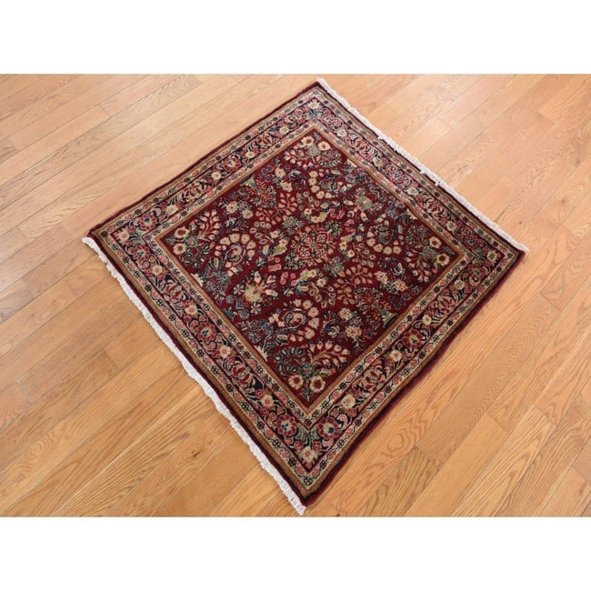 Wine Red Antique Persian Sarouk Full Pile Square Wool Hand Knotted Rug - 2
