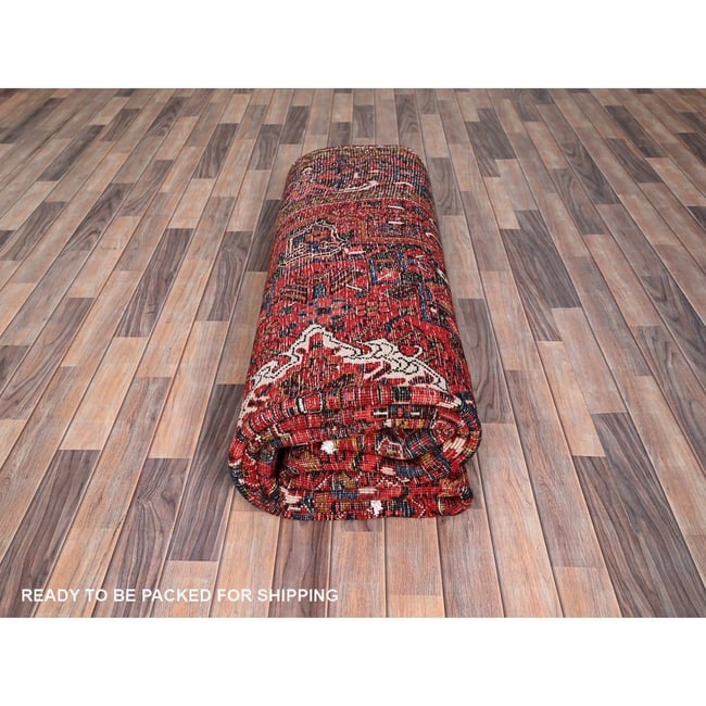 Barn Red, Pure Wool, Hand Knotted, Vintage Persian Heriz Oriental Rug - 9