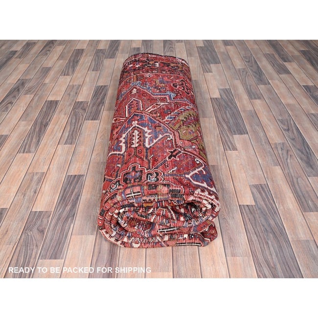 Cardinals Red, Pure Wool, Hand Knotted, Semi Antique Persian Heriz Rug - 9