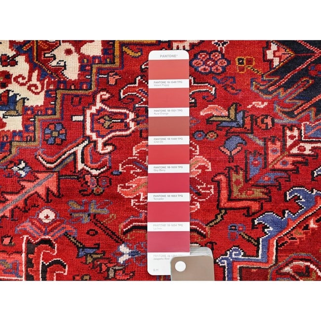 Cardinals Red, Pure Wool, Hand Knotted, Semi Antique Persian Heriz Rug - 7