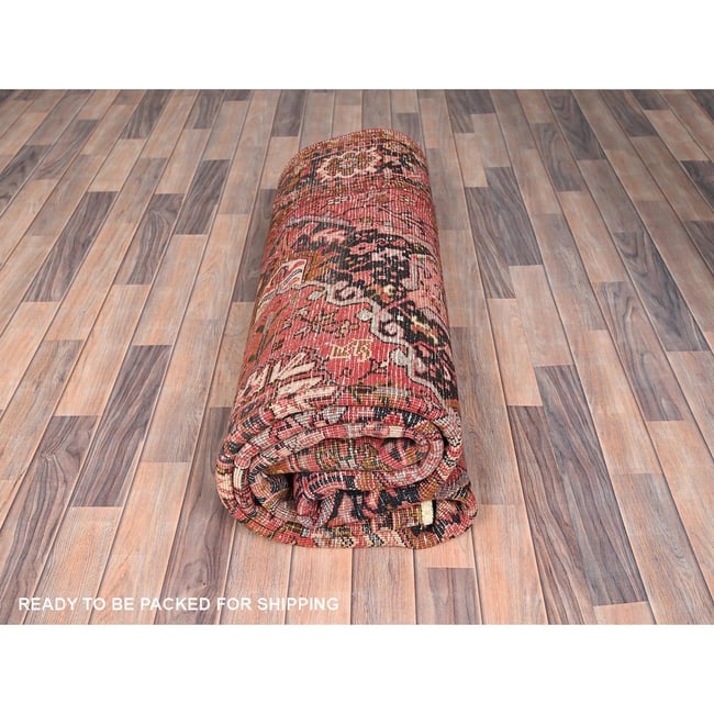 Prismatic Red, Pure Wool, Hand Knotted, Semi Antique Persian Heriz Rug - 9