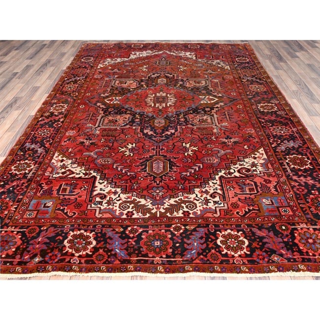 Prismatic Red, Pure Wool, Hand Knotted, Semi Antique Persian Heriz Rug - 2