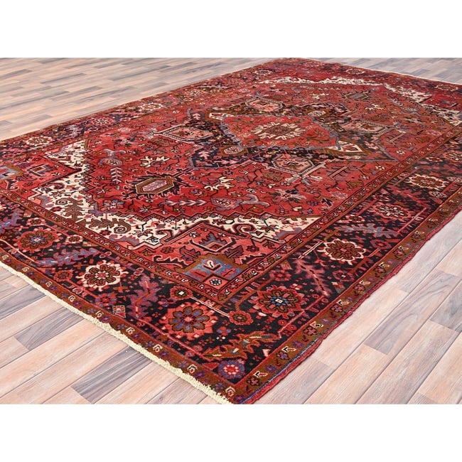 Prismatic Red, Pure Wool, Hand Knotted, Semi Antique Persian Heriz Rug - 3