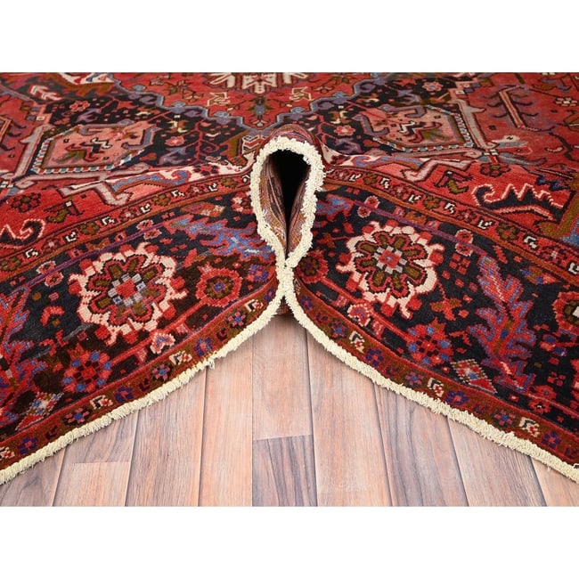 Prismatic Red, Pure Wool, Hand Knotted, Semi Antique Persian Heriz Rug - 5