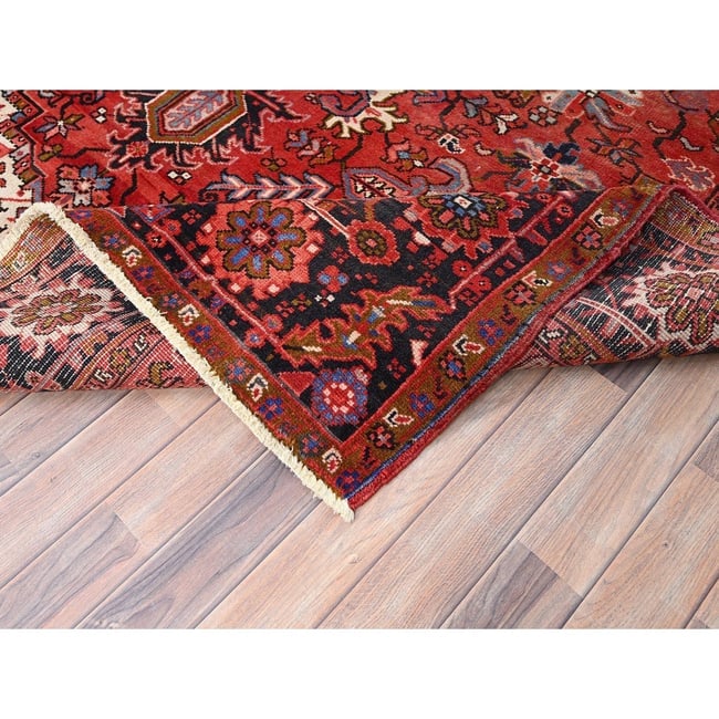 Prismatic Red, Pure Wool, Hand Knotted, Semi Antique Persian Heriz Rug - 6