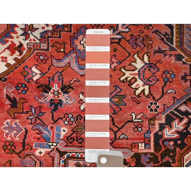 Prismatic Red, Pure Wool, Hand Knotted, Semi Antique Persian Heriz Rug - 7