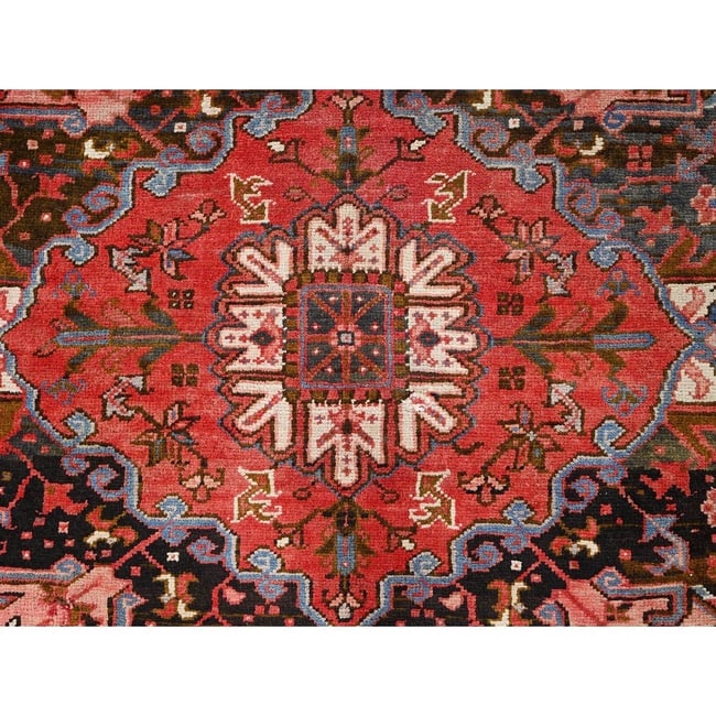 Prismatic Red, Pure Wool, Hand Knotted, Semi Antique Persian Heriz Rug - 8