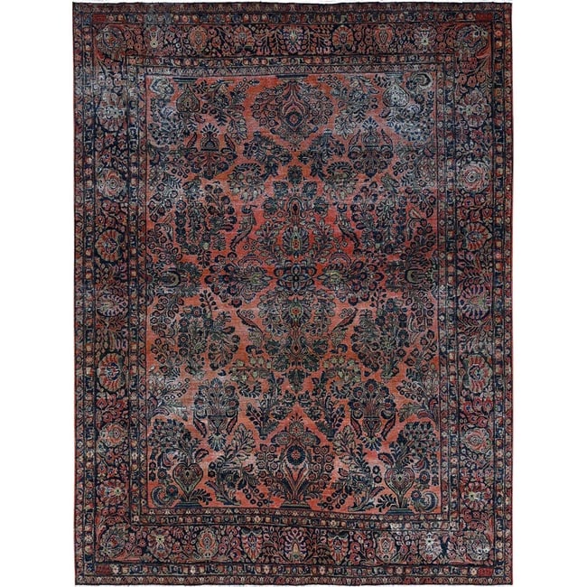 Salmon Red Antique Persian Sarouk Hand Knotted Pure Wool Oriental Rug: Title: Salmon Red Antique Persian Sarouk Hand Knotted Pure Wool Oriental Rug Description:This is a truly genuine one-of-a-kind. It has been Knotted for months and months in the centuries-old weaving c