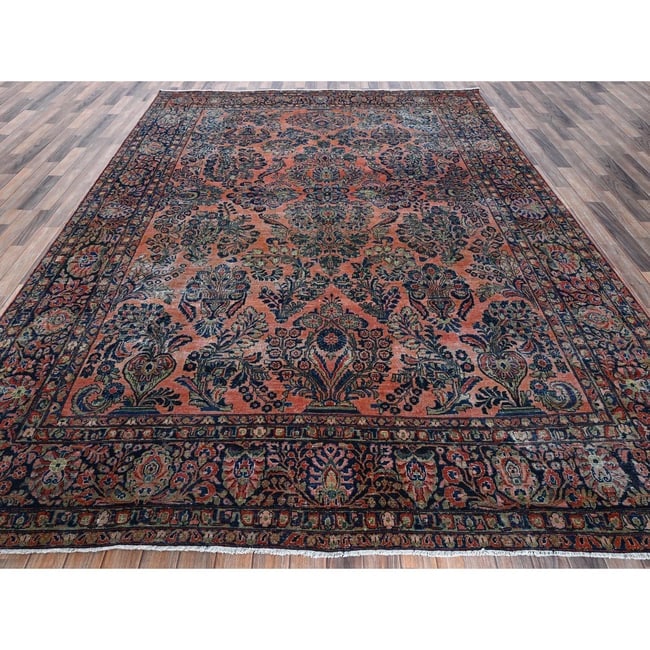 Salmon Red Antique Persian Sarouk Hand Knotted Pure Wool Oriental Rug - 2