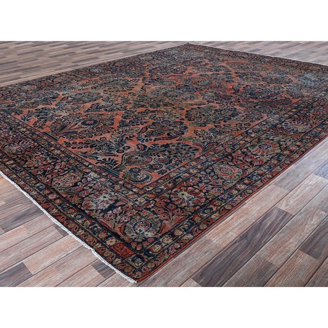 Salmon Red Antique Persian Sarouk Hand Knotted Pure Wool Oriental Rug - 3