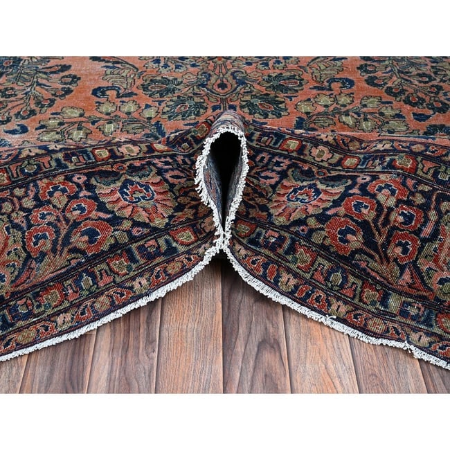 Salmon Red Antique Persian Sarouk Hand Knotted Pure Wool Oriental Rug - 5
