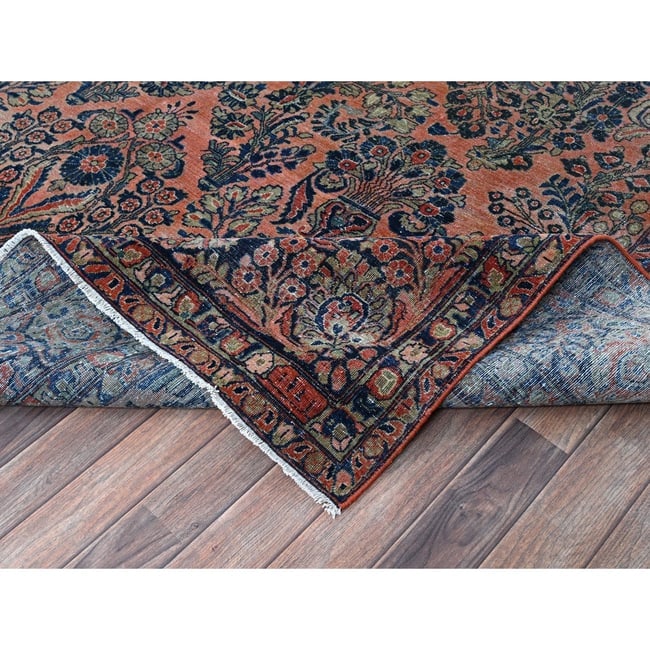 Salmon Red Antique Persian Sarouk Hand Knotted Pure Wool Oriental Rug - 6