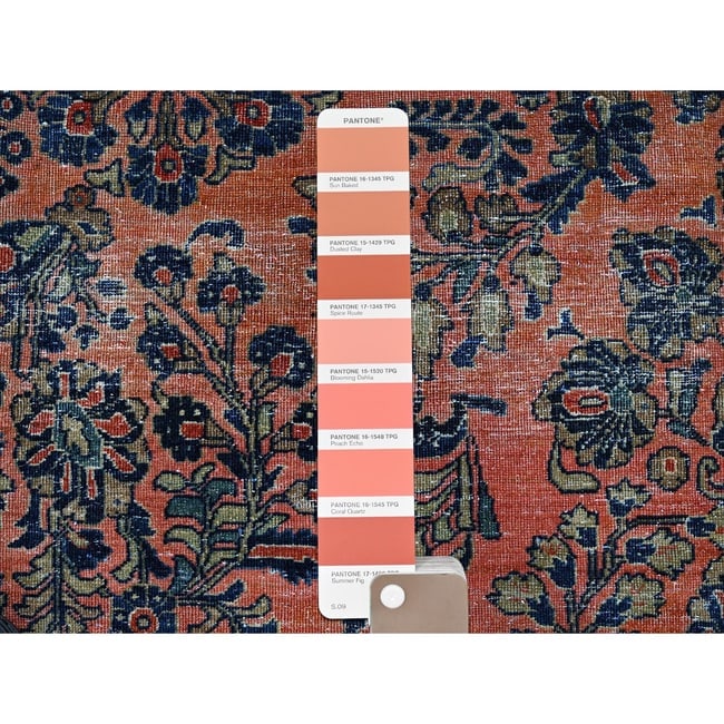 Salmon Red Antique Persian Sarouk Hand Knotted Pure Wool Oriental Rug - 7