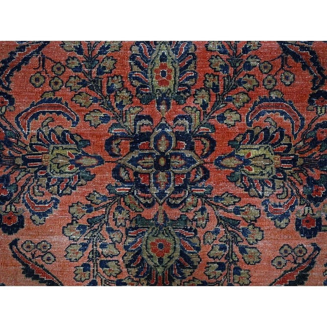 Salmon Red Antique Persian Sarouk Hand Knotted Pure Wool Oriental Rug - 8