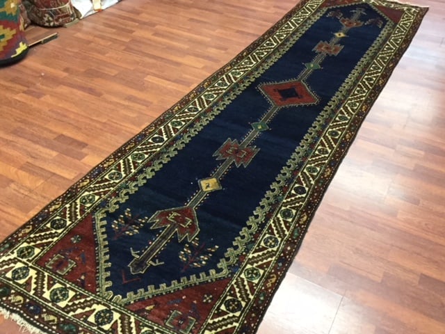 Antique Persian singed northwest Runner-4296: Title:Antique Persian singed northwest Runner-4296 Description:An antique Persian northwest signed runner on blue field, from Northwest Persia, size, 3 ft. 4 inches by 13 ft, circa 1940, excellent con