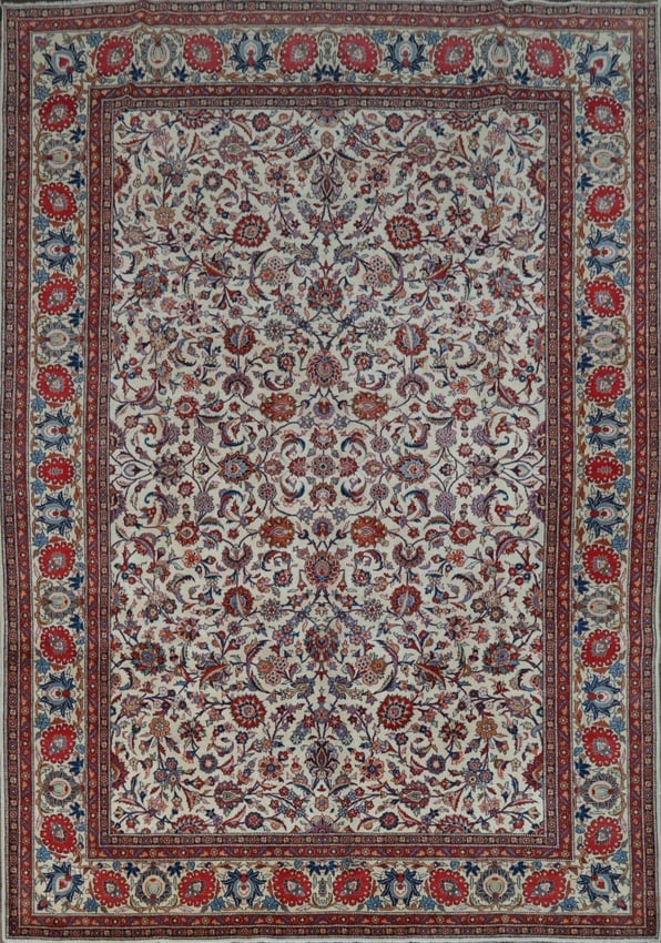 Antique All-Over Ivory and Red Kashan Persian Area Rug 8x11 (1 of 18)
