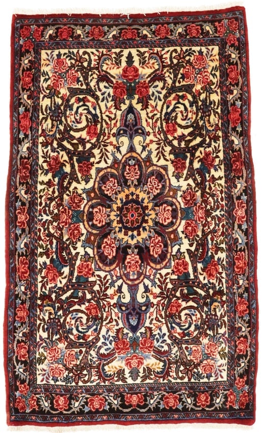 Vintage Cream Floral 3X5 Bidjar Halvaei Persian Rug: Title: Vintage Cream Floral 3X5 Bidjar Halvaei Persian Rug Description:Hand Knotted vintage 3X5 cream Persian rug made with natural dyes (fine wool pile and cotton foundation), superior knot count, an