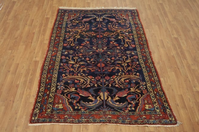 Antique Navy Blue and Pink Lilian Persian Wool Floral Rug 5x7 - 5