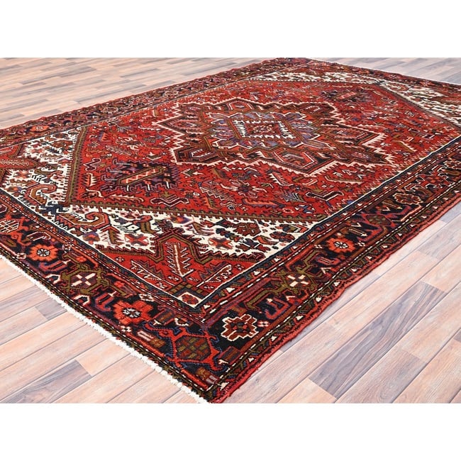 Crimson Red, Hand Knotted, Vintage Persian Heriz, Pure Wool Rug - 3