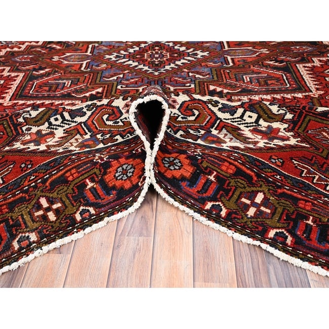 Crimson Red, Hand Knotted, Vintage Persian Heriz, Pure Wool Rug - 5